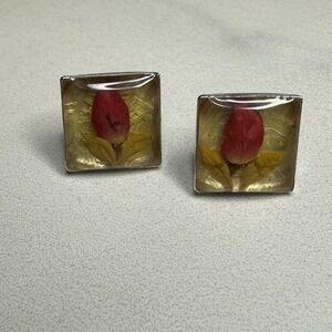 Y2K 925‎ Sterling Silver Real Flower Stud Earrings Unique Resin Jewelry